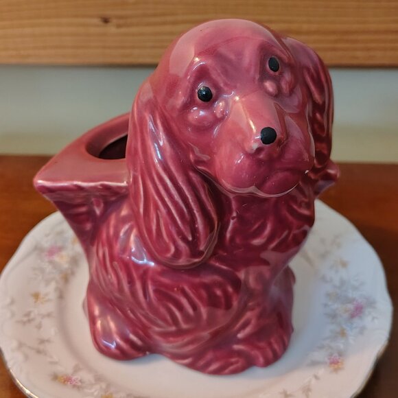 Vintage Pottery Sad Cocker Spaniel Burgundy Weeping Dog Planter He Needs a Home! - Picture 3 of 5